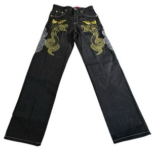 New Mens Jeans Black Denim Embroidery Snake Casual Pants Trousers HipHop 32